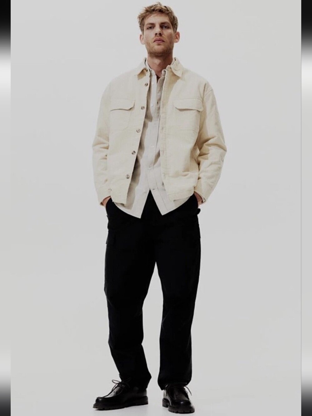 Men's Cream Button-Up Cordorouy Shacket Jacket
